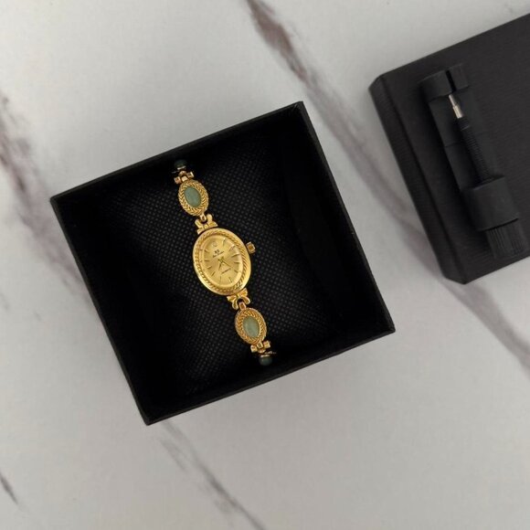 Sku0439 Retro Gold Green Gemstones Women‎ Casual Oval Watch Bracelet +gift bag main image 4